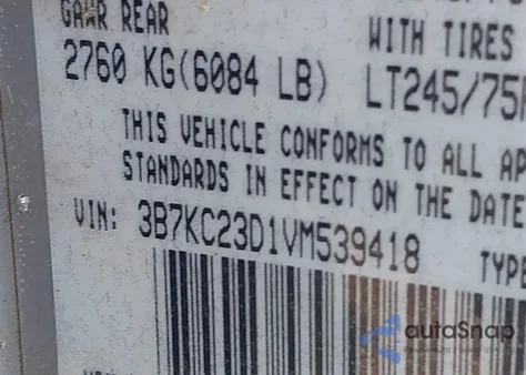 1997 Dodge Ram 2500 St из США, поврежденный, VIN 3B7KC23D1VM539418